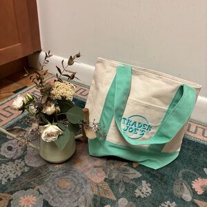 Trader Joe's Canvas Tote Bag with Teal Accents